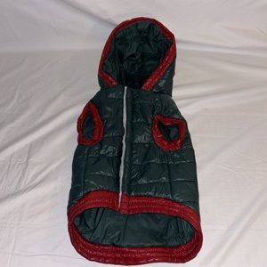 Joann Doggie Parka with hood. Green with red trim. Medium